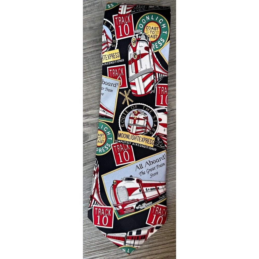 Prestige Men's Silk Woven Novelty Train Tie Pointed Black Red Multi